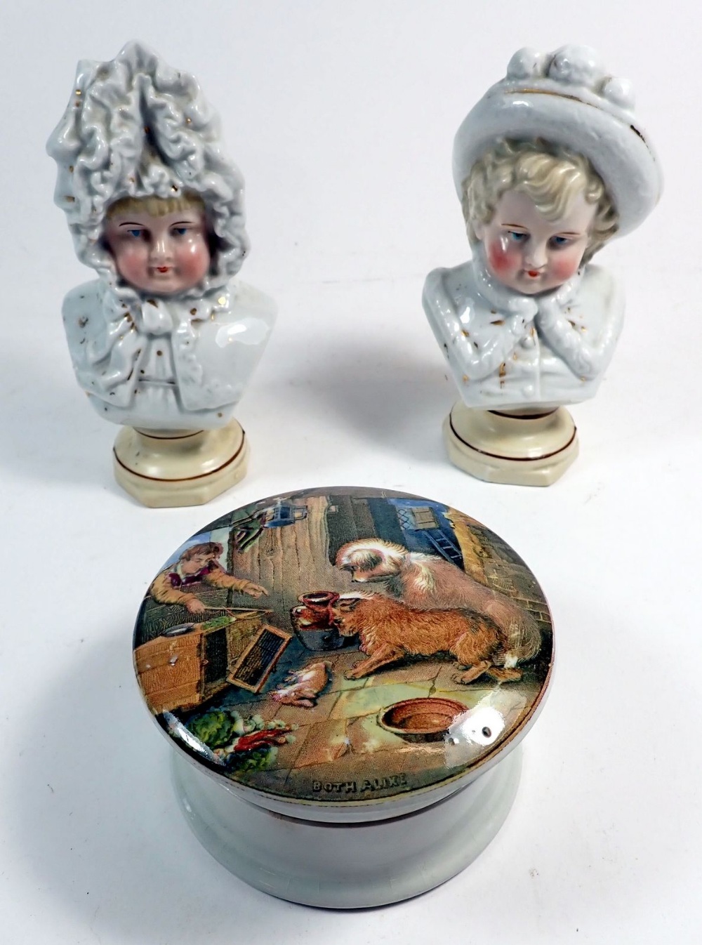 A Victorian Pratt ware pot and lid 'Both Alike' of two dogs and rabbit and a pair of Victorian busts