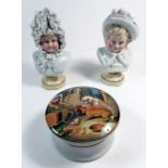A Victorian Pratt ware pot and lid 'Both Alike' of two dogs and rabbit and a pair of Victorian busts
