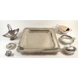 A large square white metal dish and silver-plated items, including a spoon warmer and Victorian