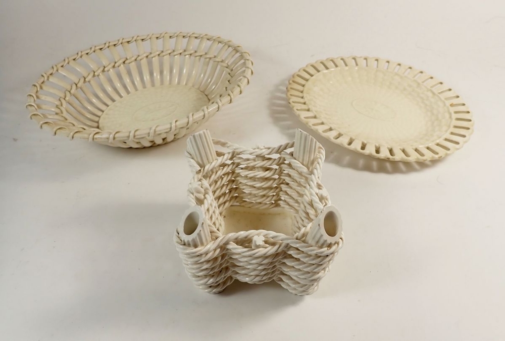 A Wedgwood creamware oval basket and stand and a woven square basket