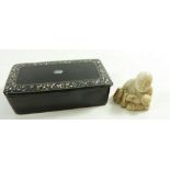 A papier mache snuff box and an antique ivory Japanese seated figure