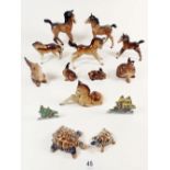 A collection of Beswick and Midwinter foals, a Beswick rabbit family, two Wade snippets, tortoises