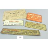 Four antique tin railway signs and a card one including Alarm Signal and Do Not Lean Out of the