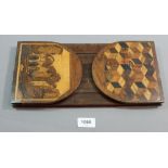 A 19th century Tunbridgeware extending book rack with parquetry and Tunbridgeware ends, a/f