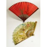 A French fan printed scenes of Paris from the Universal Exhibition 1889 and a Japanese fan painted
