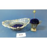 A silver plated trinket dish (with later velvet liner) and a white metal cup form pin cushion