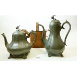 A Victorian pewter teapot, coffee pot and a hot water can