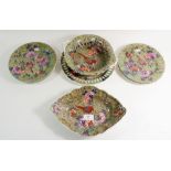 A Spode 'Tumbledown Dick' part dessert service comprising: chestnut basket, oval serving dish, plate