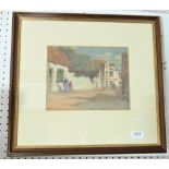 A late 19th century watercolour continental street scene with figures, 18.5 x 24cm