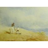 David Cox - watercolour figure of farmer and his dog with man on horse back, 17.5 x 25cm signed