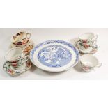 A Victorian blue and white cheese stand, two Masons cups and saucers 'Mandarin' and five Booths