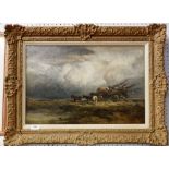 In the style of David Cox - early 19th century oil on canvas wagon and horses with tree trunk on