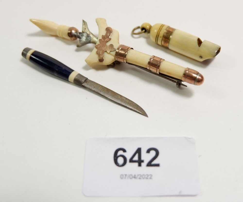 A Japanese Meiji period ivory miniature kris dagger brooch with yellow metal mounts and a