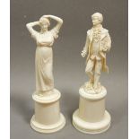 Two fine French 19th century Dieppe carved ivory figures of a man and a woman, on turned pedestal
