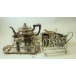 A box of silver plated items including Georgian jug, toast rack, snuffer tray, entre dish etc.