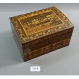 A 19th century Tunbridgeware correspondence box decorated Tudor cottage to lid and floral band to