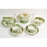 A Victorian tea service printed in green Shepherdess in landscape, comprising: ten cups and saucers,