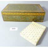 An antique Indian painted floral lacquer box, 24 x 13.5cm and a bone and metal inlaid card case (