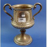 A silver two handled challenge cup with engraved wreath blank cartouche, Birmingham 1906, Maker