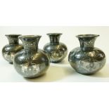 Four small oriental metal vases inlaid white metal fish decoration, 6cm tall