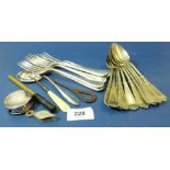 Ten silver plated spoons, eight silver plated forks, a WMF '90' childs spoon, a 'Vest Pocket' travel