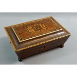 A 19th century rosewood parquetry jewellery box on bun feet, 13.5 x 16 x 10cm