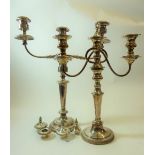 Two large silver plated three branch candelabra with two extra finials and one sconce