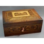 A Tunbridgeware work box with castle to lid, floral and bird panels to sides and fitted interior, 32