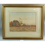 A Haselgrave watercolour - rural scene with thatched cottage and hayrick, 25 x 34cm