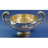 A large silver two handled trophy fruit bowl, not engraved, rim height 15cm, Sheffield 1912, Maker