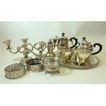 A box of silver plated items including Art Deco tea set, candleabra etc