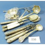 A set of six silver handled fruit forks and a small group of silver plated cutlery etc.