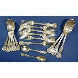 A Victorian silver Kings Pattern cutlery set comprising: six dinner forks, six dessert spoons, three