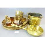 A brass mounted oval wicker tray and a group of various copper and brass