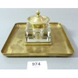 A brass and glass inkwell, 16cm square
