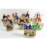 Five Victorian Staffordshire flat back equestrian figures and three later Staffordshire style items