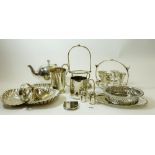A silver plated egg cup stand and other silver plated items