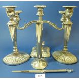 A pair of silver plated candlesticks, vase, paperknife and a silver plated candelabra