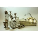 A box of silver plated items including entrée dish and claret jug