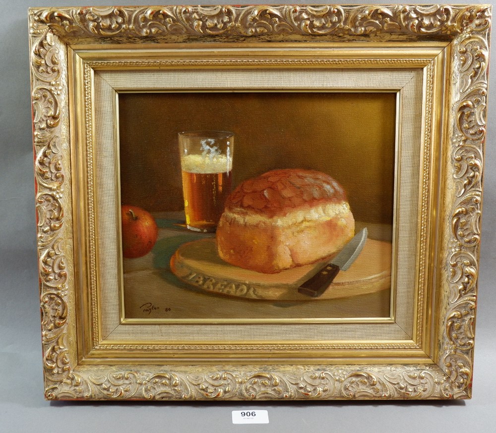 Payton - oil on canvas still life with loaf of bread, apple and pint of beer, 25 x 29cm