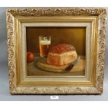 Payton - oil on canvas still life with loaf of bread, apple and pint of beer, 25 x 29cm