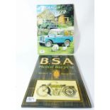 A reproduction BSA Motor Bicycle advert, 41 x 27cm and a Land Rover advert