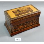 A 19th century Tunbridgeware tea caddy decoration Lewis College No 28 to top and floral band to