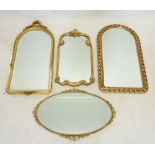 Four various gilt framed modern mirrors, oval: 74.5 x 47.5cm, others: 70 x 37cm, 84 x 44.5cm, 86 x
