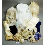 Two Victorian lace and velvet hair bands, a camisole, various evening gloves and various other trim,