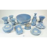 A collection of Wedgwood blue Jasperware comprising: fruit bowl, trinket box and lid, two ashtrays