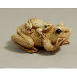 A Japanese Meiji period miniature carved group of a speckled toad with smaller toad to back