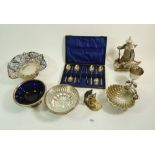 A group of silver plated items including Victorian Chinese figure of a pedlar, a novelty matchbox