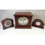 A mahogany cased Westminster chime mantel clock with pendulum, 28cm tall, a Smiths 8 day mantel
