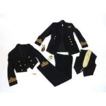 An officers naval dress uniform comprising jacket, waistcoat, trousers, with medal ribbons and spare